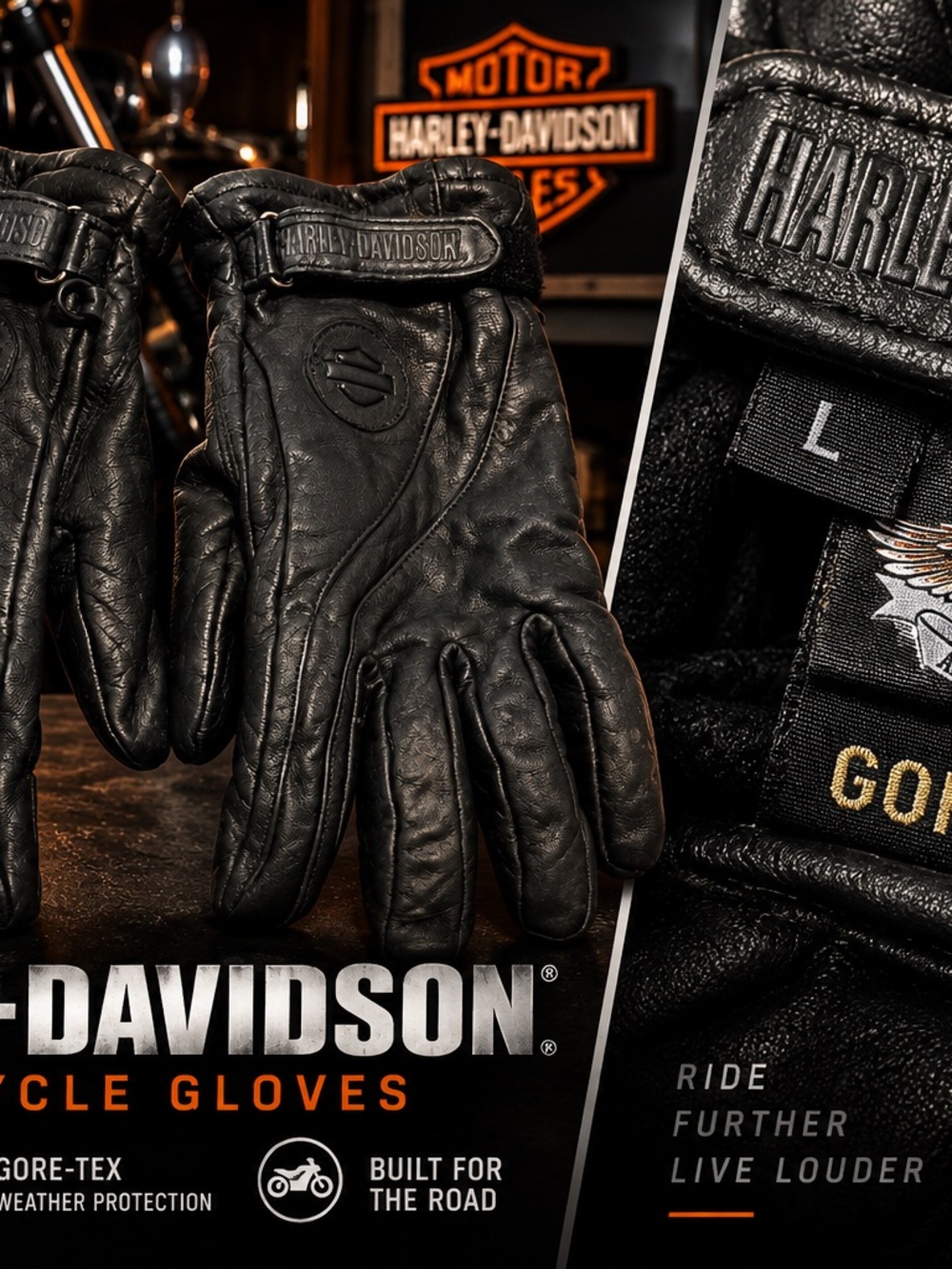 Harley-Davidson Motorcycle Gloves Mens L Black Leather GORE-TEX Riding